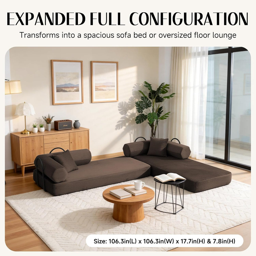 79" Corduroy Sofa Bed, Boneless Couch in a Box with 2 Pillows, High-Density Foam 4-in-1 Foldable Sleeper Futon Loveseat for Small Spaces, No Assembly, Side Pockets, Hex Arm Brown