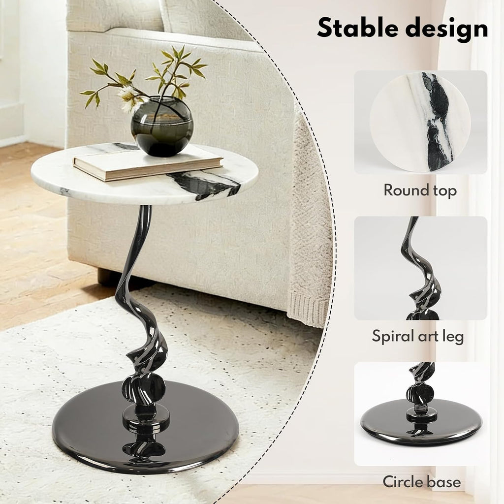 Lovedeco Elvon Calacatta Marble Side Table, 16” Round Marble Top with Metal Base End Table Polished for Sofa, Living Room, Bedroom