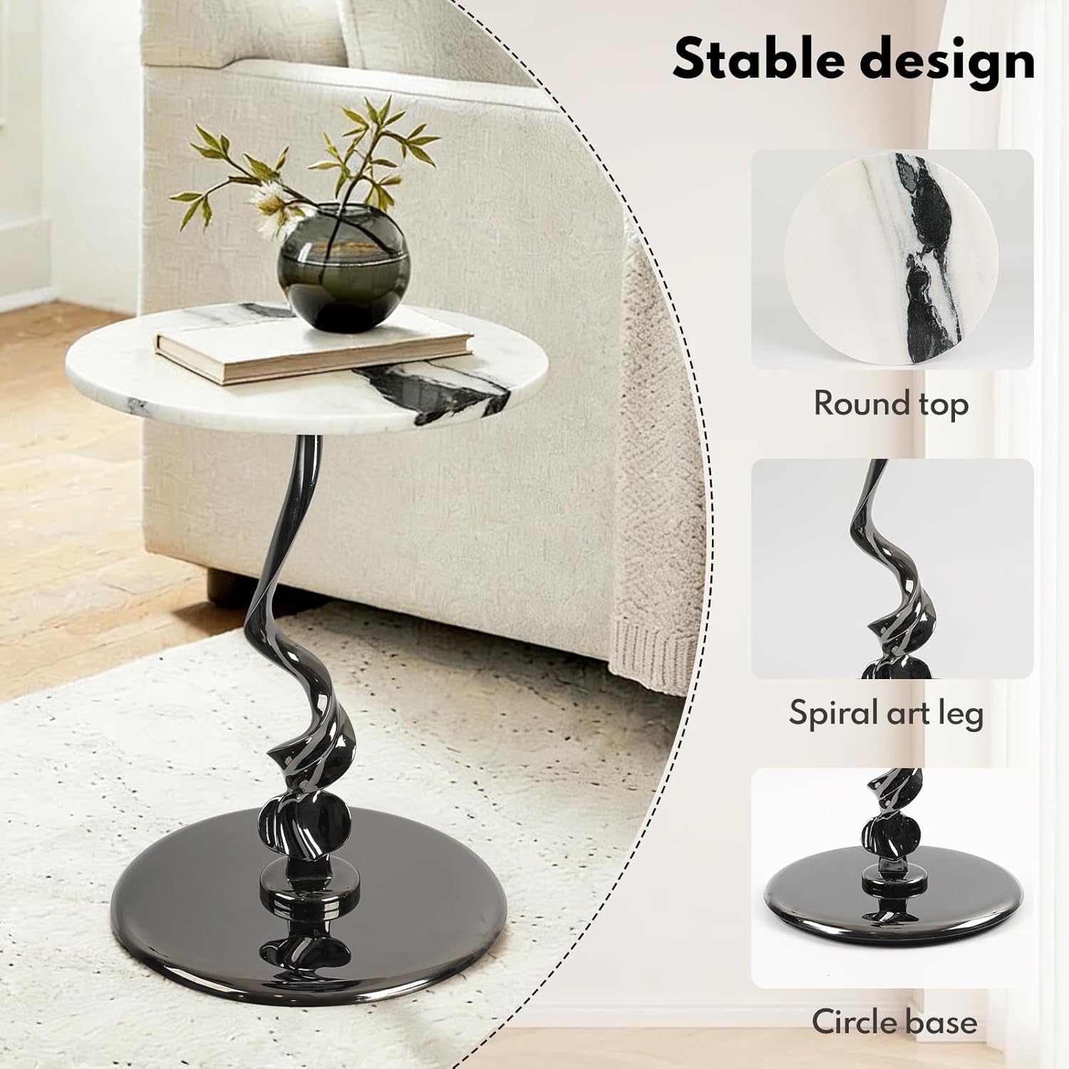 Lovedeco Elvon Calacatta Marble Side Table, 16” Round Marble Top with Metal Base End Table Polished for Sofa, Living Room, Bedroom
