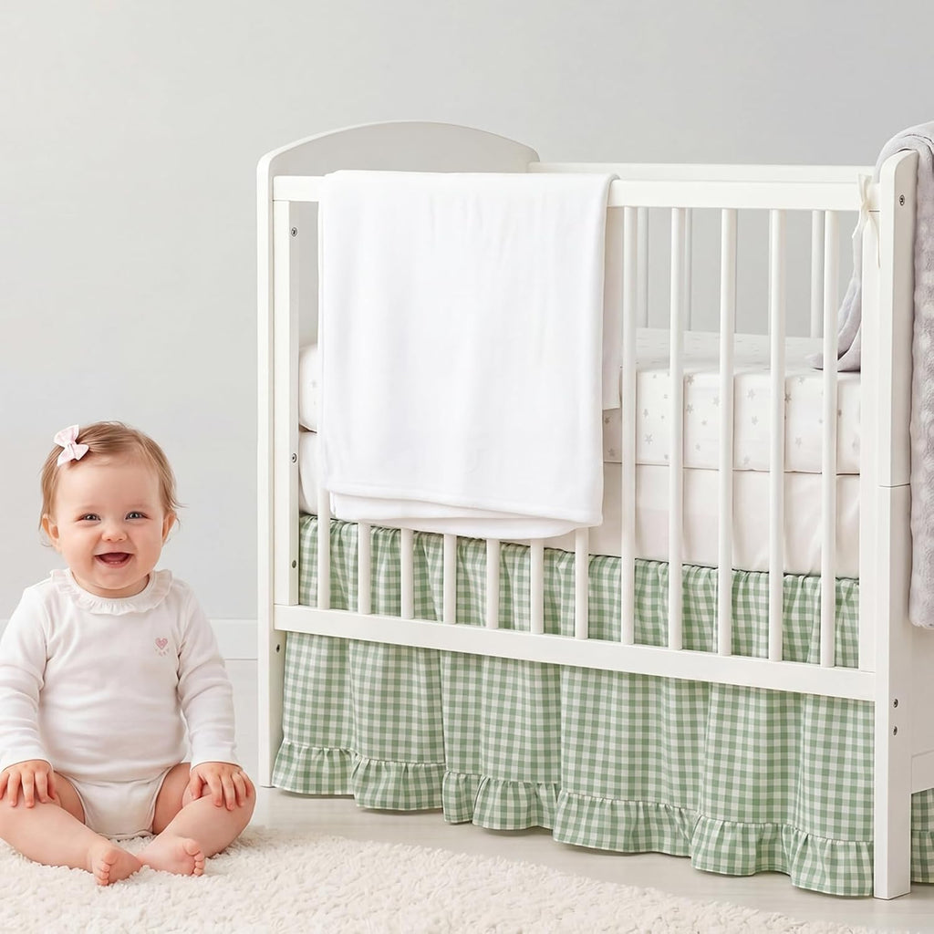 Gingham Crib Skirt Dust Ruffle 52 x 28 Inch 100% Washed Cotton Ruffle Plaid Baby Crib Bed Skirt Soft Farmhouse for Boys & Girls Nursery Bedding Decor, Fits Standard Cribs(Green)