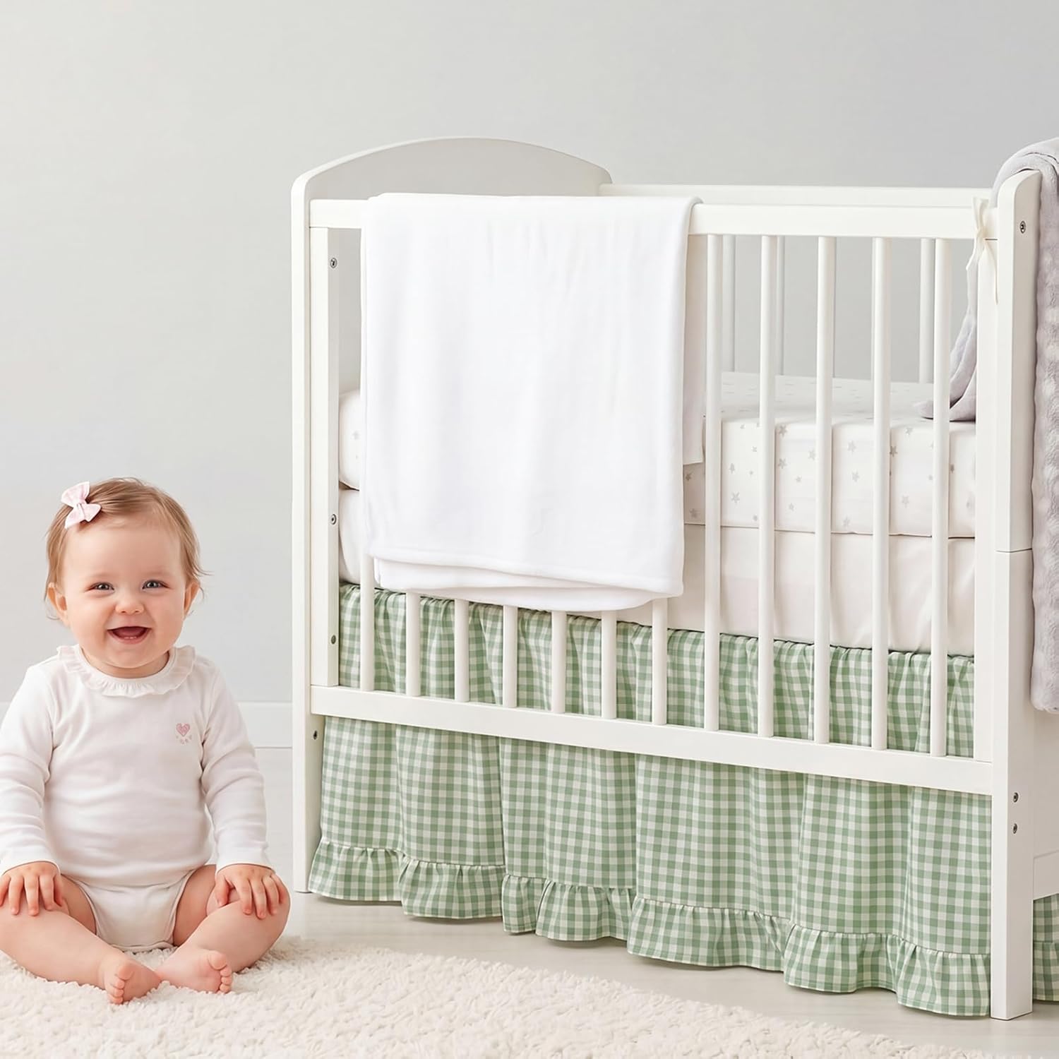 Gingham Crib Skirt Dust Ruffle 52 x 28 Inch 100% Washed Cotton Ruffle Plaid Baby Crib Bed Skirt Soft Farmhouse for Boys & Girls Nursery Bedding Decor, Fits Standard Cribs(Green)