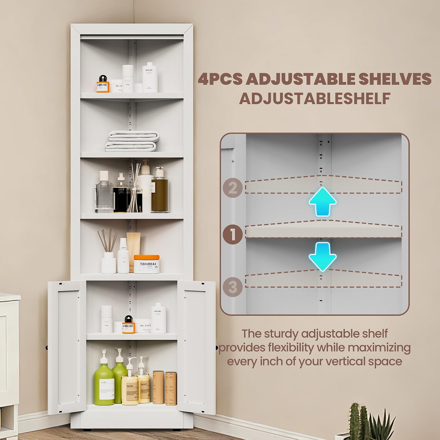 Metal Pantry Storage Cabinet with 4 Adjustable Shelves, 71" Tall Corner Cabinet for Bathroom, Corner Shelf Cabinet for Kitchen, Dining Room, Living Room, Assembly Required(White)