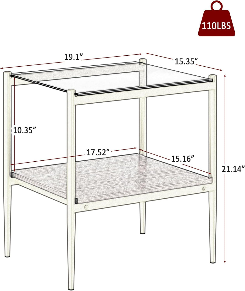 End Table Set of 2, Tempered Glass Side Tables Set with Wooden Storage Shelf, 2-Piece Nightstands for Bedroom, Living Room