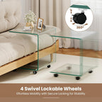 BECOMFORT Tempered Glass C-Shape End Table, Rolling Side Table with 4 Lockable Universal Wheels & Storage, Mobile Clear Night Stand for Sofa Couch Living Room Bedroom Office (1, Clear)