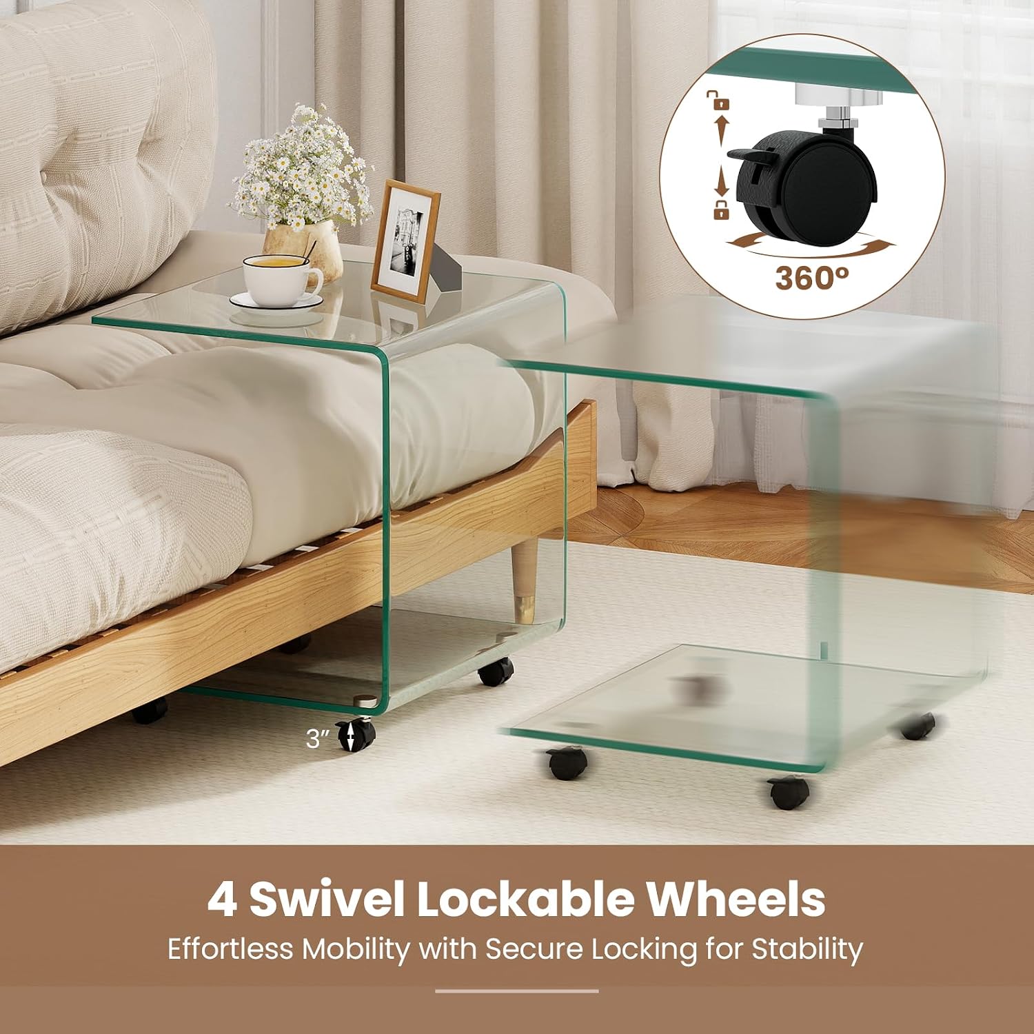 BECOMFORT Tempered Glass C-Shape End Table, Rolling Side Table with 4 Lockable Universal Wheels & Storage, Mobile Clear Night Stand for Sofa Couch Living Room Bedroom Office (1, Clear)