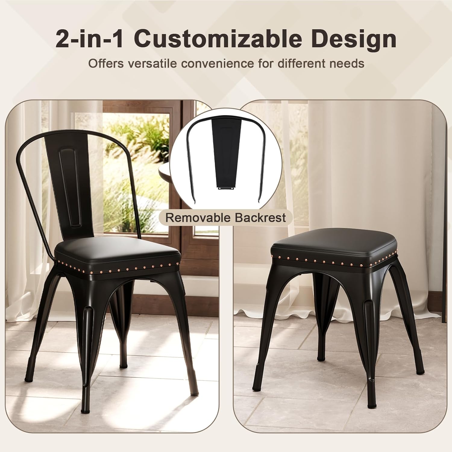 Giantex Metal Dining Chairs Set of 4, Stackable Armless Kitchen Side Chair with Detachable Backrest & PU Leather Padded Seat, Modern Dinette Chairs for Dining Room, Cafe, Restaurant, Bar (Black)