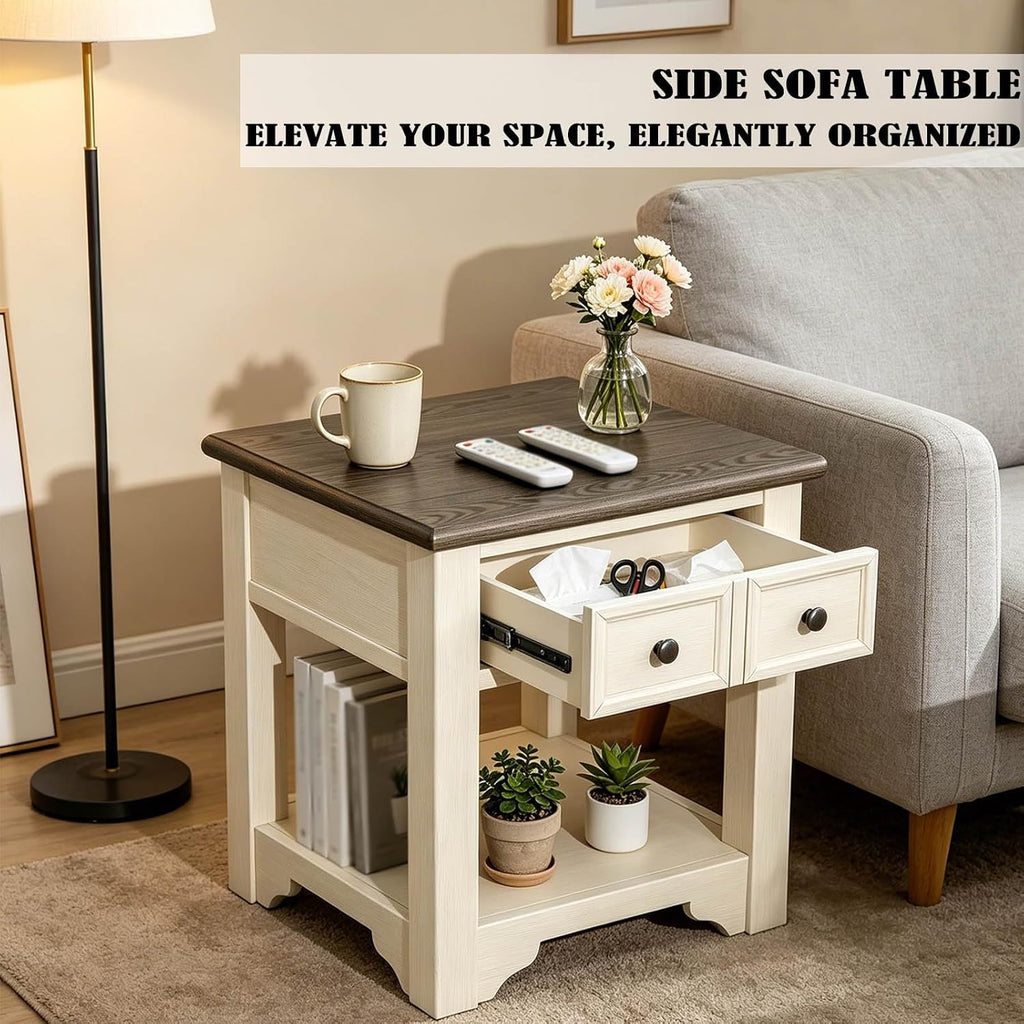 Farmhouse End Table with Drawers,Side Table with Storage,Wood Nightstand, Coffee Tables for Living Room,Entryway Table for Small Spaces,Small Side Table for Living Room, Bedroom, Kitchen