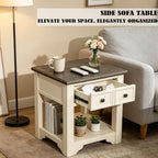 Farmhouse End Table with Drawers,Side Table with Storage,Wood Nightstand, Coffee Tables for Living Room,Entryway Table for Small Spaces,Small Side Table for Living Room, Bedroom, Kitchen