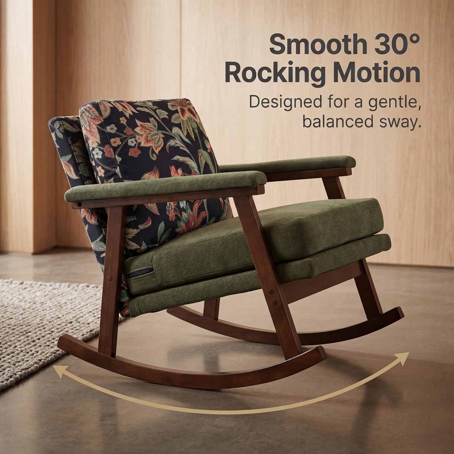 Nursery Rocking Chair, Compact Upholstered Rocker with Solid Wood Legs, Cozy Nursing Glider Chair for Mom, Small Space Chair for Nursery, Bedroom (Olive Green Floral)