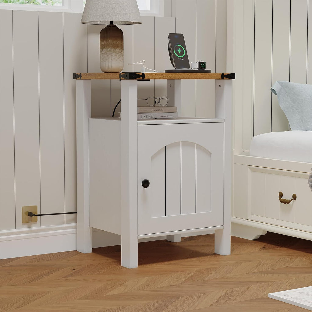 Farmhouse End Tables Set of 2 with Charging Station, White Nightstands with USB Ports & AC Outlets, Side Tables with Storage Cabinet and Open Shelf for Bedroom, Living Room, Apartment, 2026, Modern