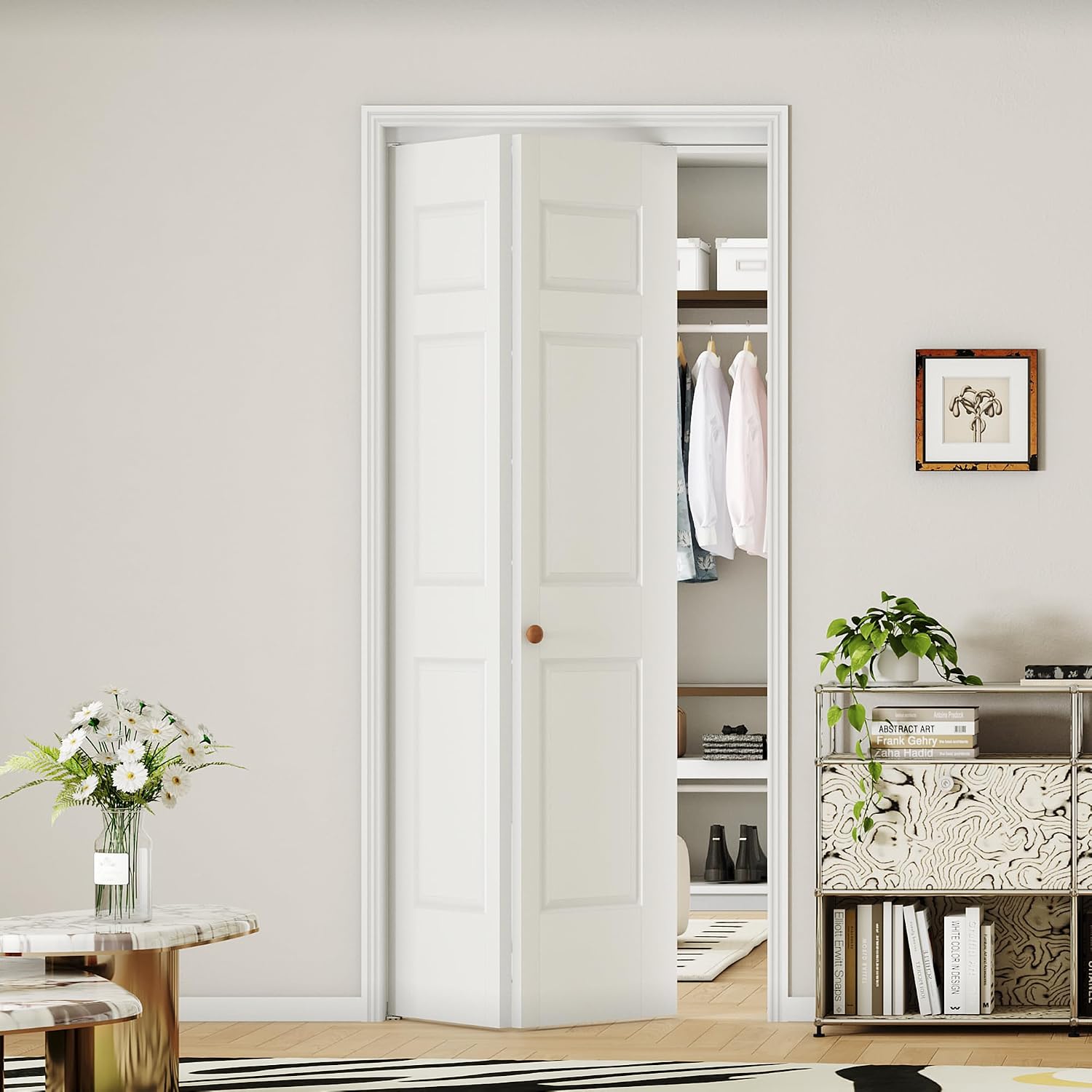 Bifold Doors for 36" x 80" Opening, 6 Panel White Primed Closet Doors with Concealed Hardware Kit, Hollow Core Interior Folding Barn Door Panels for Laundry, Pantry & Bedroom