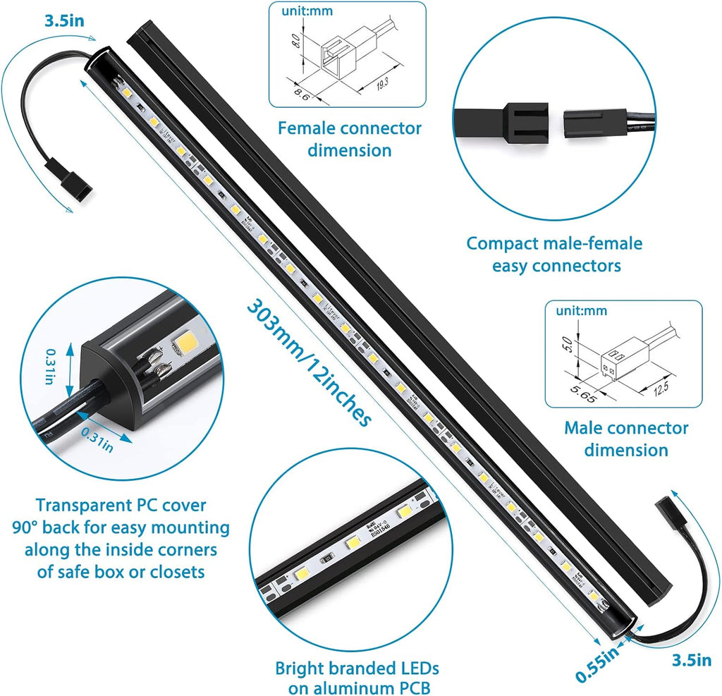 Litever Add-on 12 Inches LED Light Bars LL-027 Safe Lighting Kit. 12VDC 2.2W, Daylight 5000K. Designed as Add-on Lights for LL-027 Lighting Kit for Safe, Closet, Wardrobe. (2-Pack-5000K)