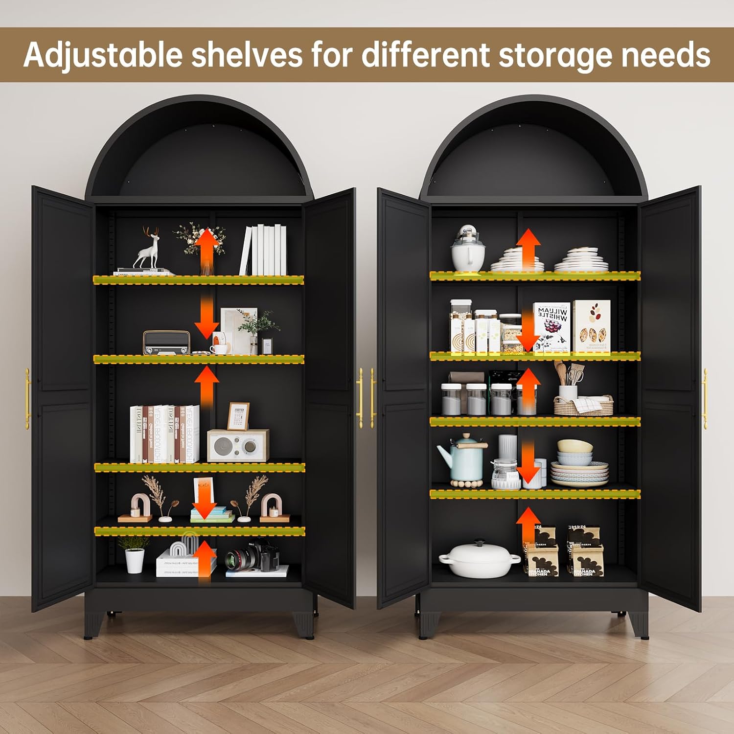 Metal Arched Cabinet, 73" Tall Kitchen Pantry Cabinet with 2 Doors & 4 Adjustable Shelves, Kitchen Storage Cabinets Cupboard for Bathroom, Living Room, Dinging Room (Black)