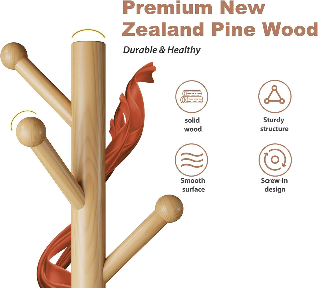8-Hook Freestanding Coat Rack 3 Heights Safe Round Tips Nature | Smooth Round Tips Prevent Slipping,Tool-Free Assembly,Holds Clothes Hats Handbags,Ideal for Entryway Bedroom Hallway Office