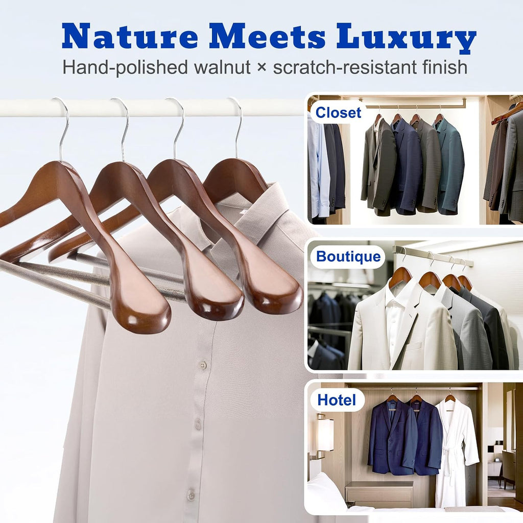 HOUSE DAY Wood Suit Hangers for Men 24 Pack, Smooth Wide Shoulder Wooden Hangers with Non Slip Pant Holder, Wide Hangers for Suits, Coats, Jackets, Heavy Wide Clothes Hanger, Walnut