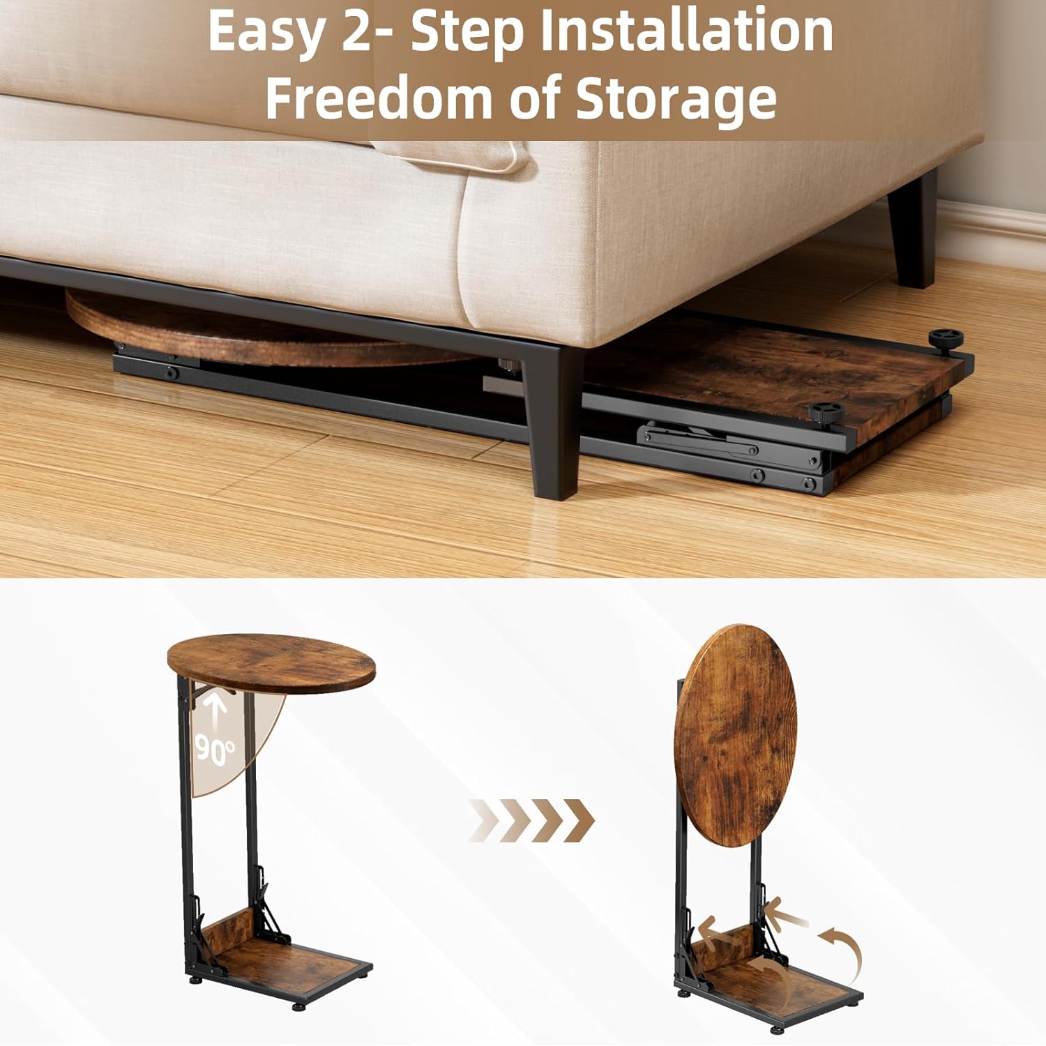 Elbourn Folding Side Table End Couch Tables,Metal Frame C-Shaped TV Stand for Sofa Living Bedroom Bedside Coffee Small Spaces(Vintage Wood Color)