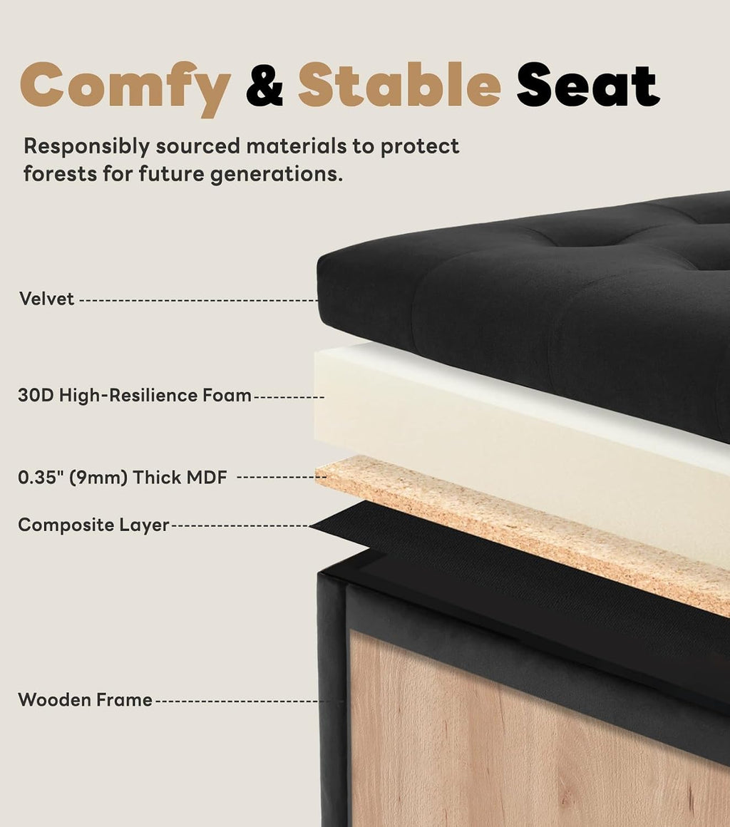 Tbfit Large Square Storage Ottoman Bench, Button Tufted Upholstered Coffee Table Ottoman with Wooden Legs, Oversized Storage Ottomans Toy Box Footrest for Living Room, Black Velvet