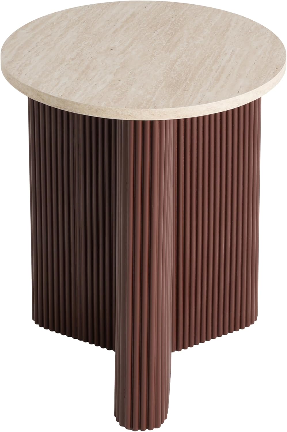 Merax Modern Round Side Table with Faux Marble Top & Brown Ribbed Base - Compact Round Coffee Table with Wooden Fluted Legs - 17.8" Accent End Table for Living Room & Bedroom, Brown