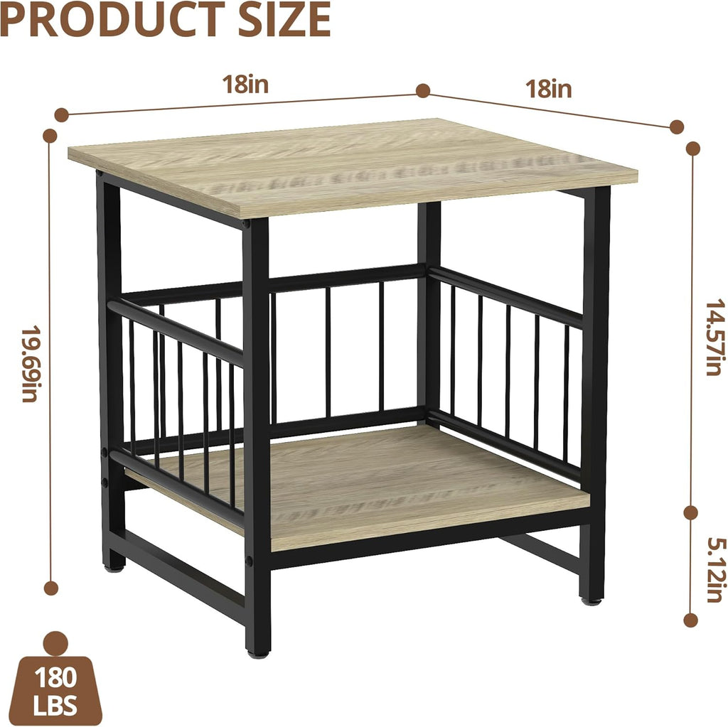 EazeHome 18" Square End Table with Storage Shelf, 2 Tier Rustic Side Table Nightstand for Living Room, Bedroom, Wooden Tabletop with Metal Frame, Gray