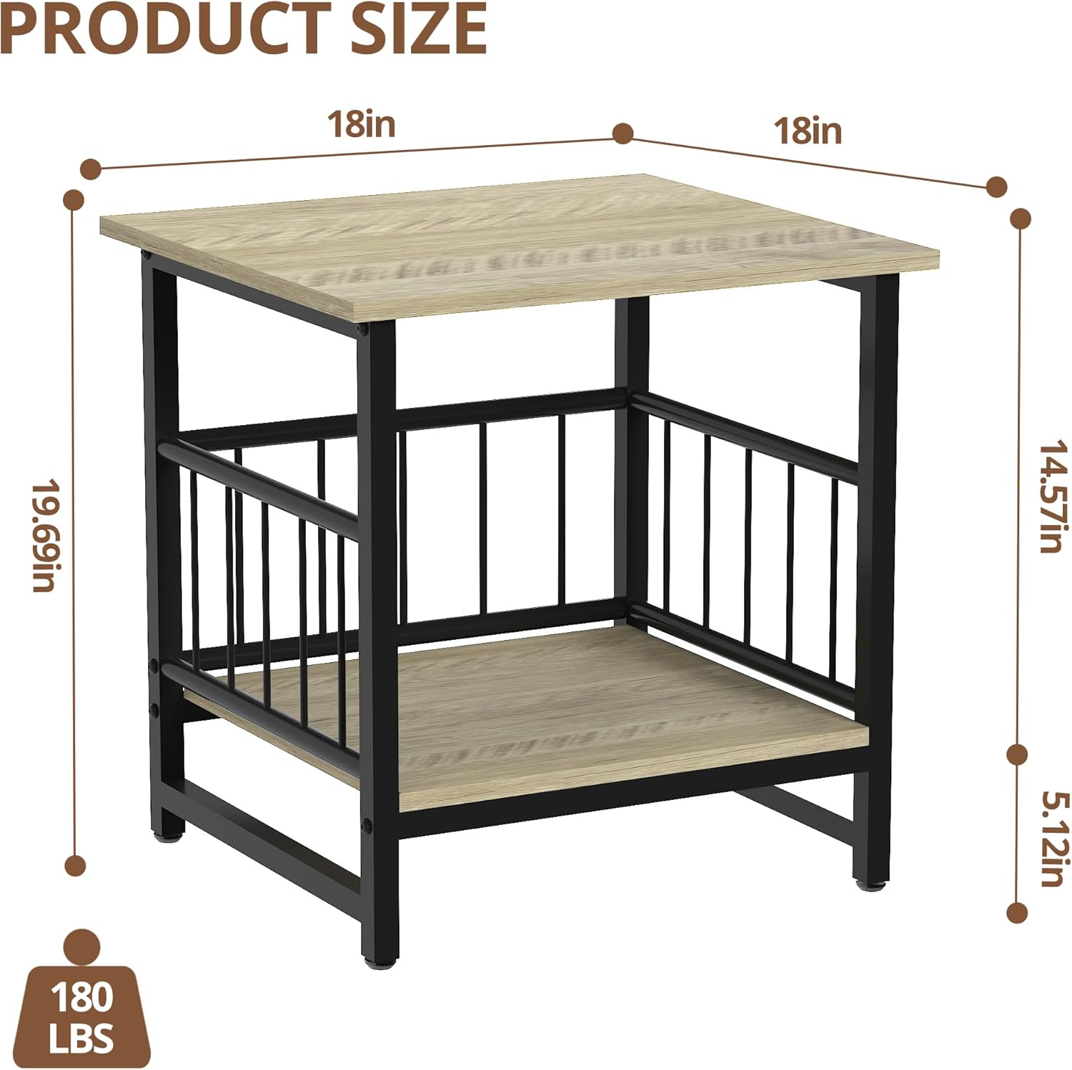 EazeHome 18" Square End Table with Storage Shelf, 2 Tier Rustic Side Table Nightstand for Living Room, Bedroom, Wooden Tabletop with Metal Frame, Gray