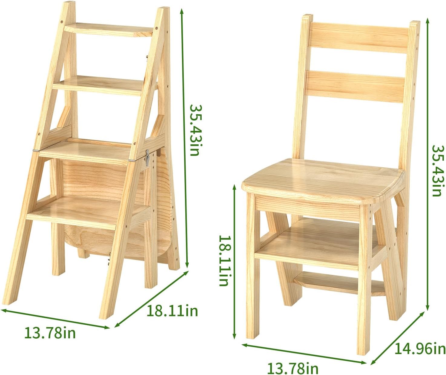 Library Ladder 4 Tier Folding Step Stool Chair 3-in-1 Multi-Functional Wood Step Ladder 265 lbs Indoor and Outdoor Display Stand and Storage Shelf for Home, Library, Kitchen