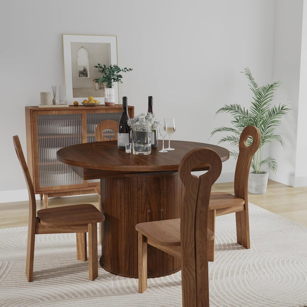 43"-59" Extendable Dining Room Table for 4-8, Round Expandable Kitchen Table with Fluted Sliding Door Cabinet, Modern Farmhouse Oval Dinner Tables for Dining Room Kitchen Living Room,Walnut