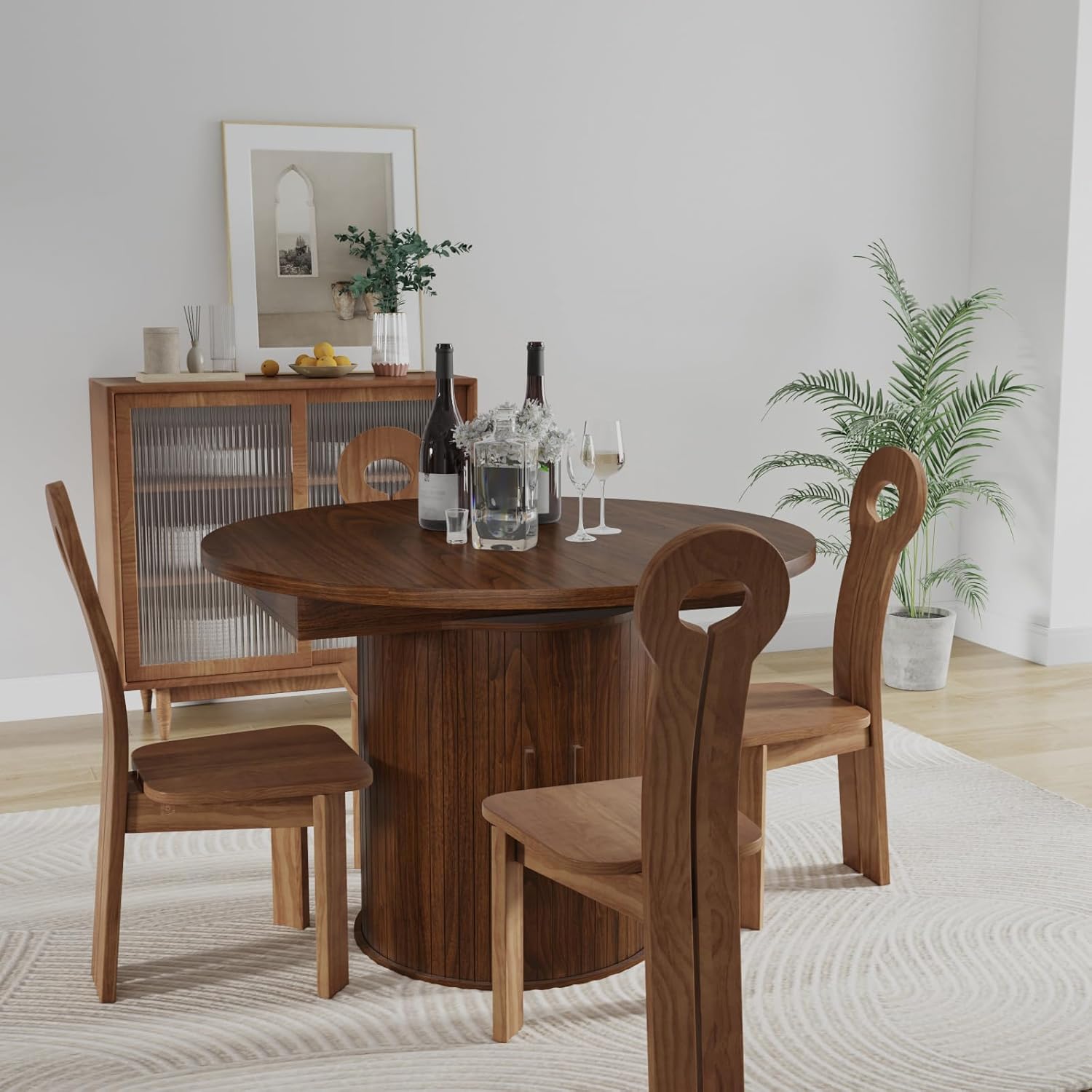 43"-59" Extendable Dining Room Table for 4-8, Round Expandable Kitchen Table with Fluted Sliding Door Cabinet, Modern Farmhouse Oval Dinner Tables for Dining Room Kitchen Living Room,Walnut