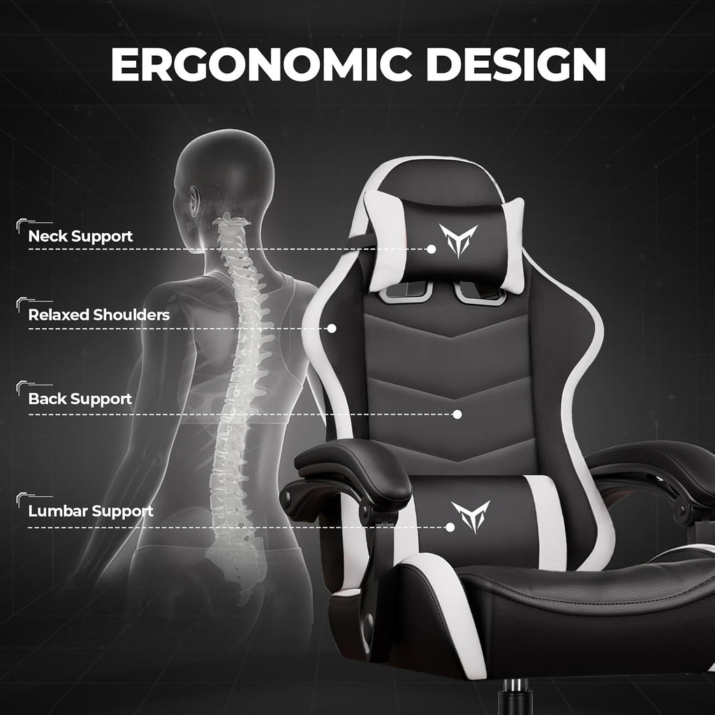 GTPLAYER Gaming Chair for Adults, Big and Tall 300LBS Heavy Duty Office Chair, Ergonomic High Back Lumbar Support and Wide Comfy Cushion with Linkage Armrests for Home Office, White