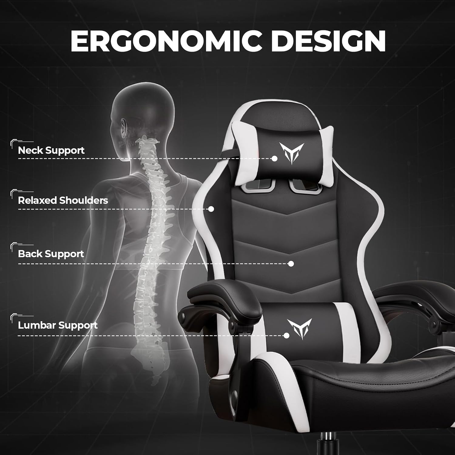 GTPLAYER Gaming Chair for Adults, Big and Tall 300LBS Heavy Duty Office Chair, Ergonomic High Back Lumbar Support and Wide Comfy Cushion with Linkage Armrests for Home Office, White
