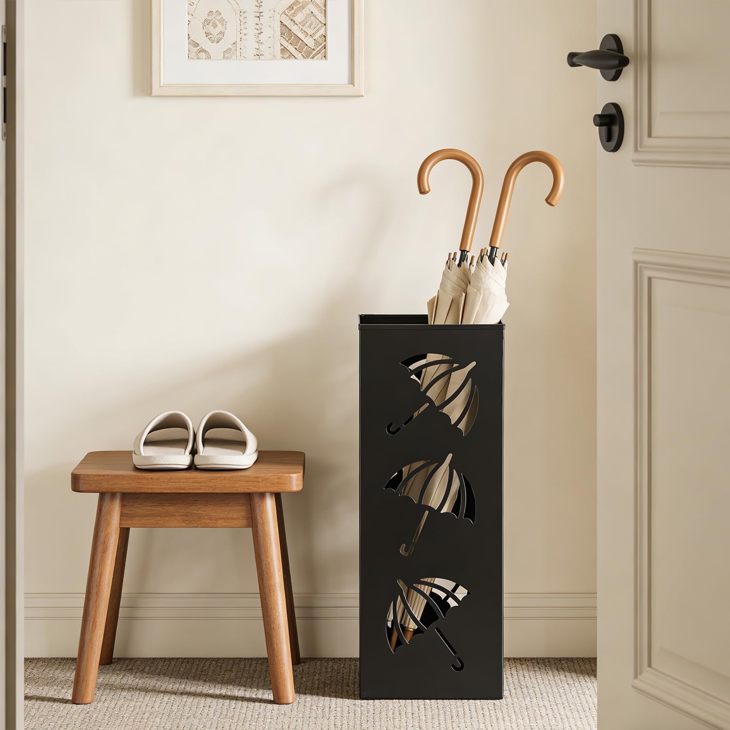 Metal Umbrella Holder, Square Stand for Entryway and Home Decor, 6.3" x 6.3" x 16.5" in Black, Sturdy Rack for Walking Canes and Umbrellas