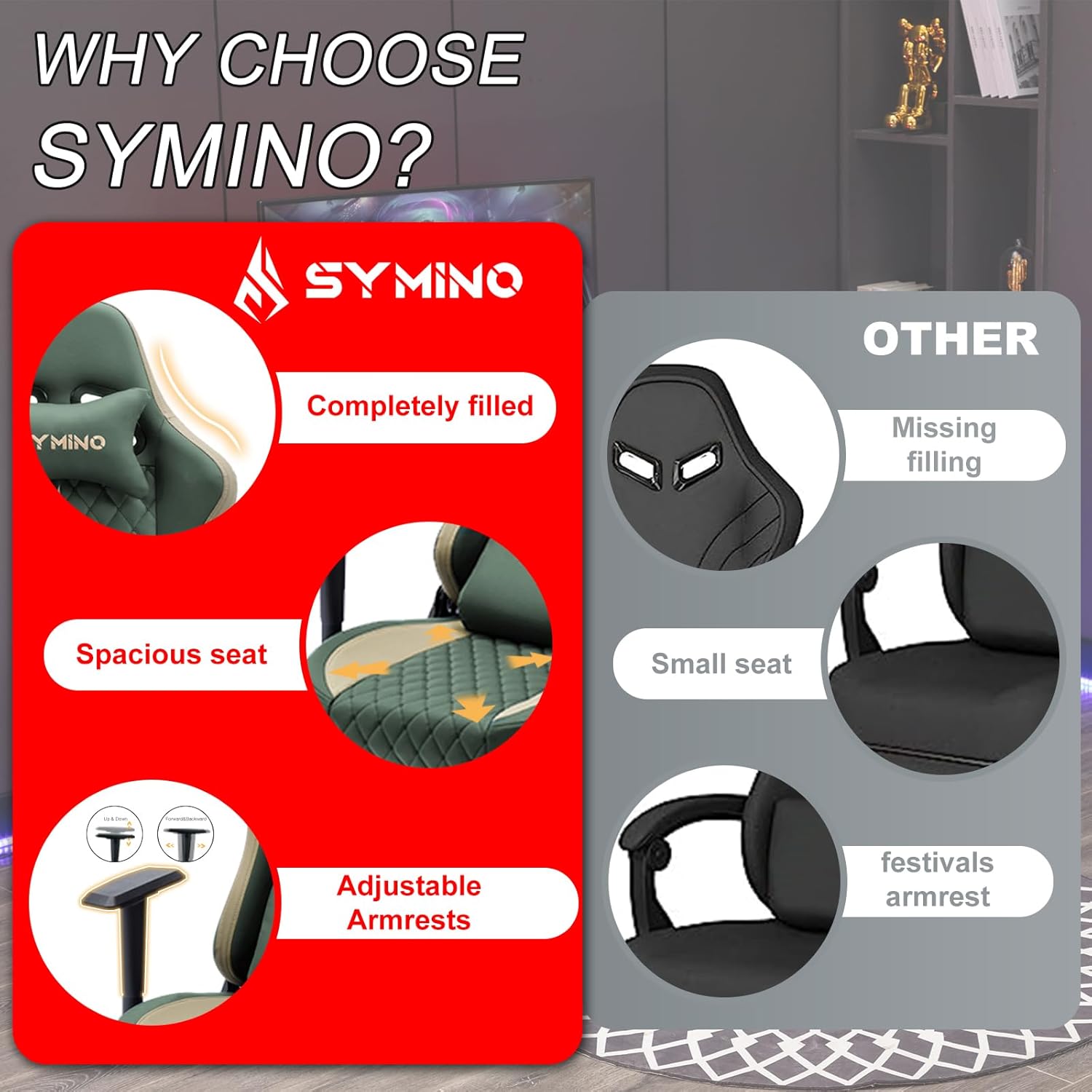 Symino Gaming Chair with Foot Rest, 2D Armrests PU Leather High Back Ergonomic Office Chair, 150° Recline Computer Desk Chair, Diamond Stitching, Green