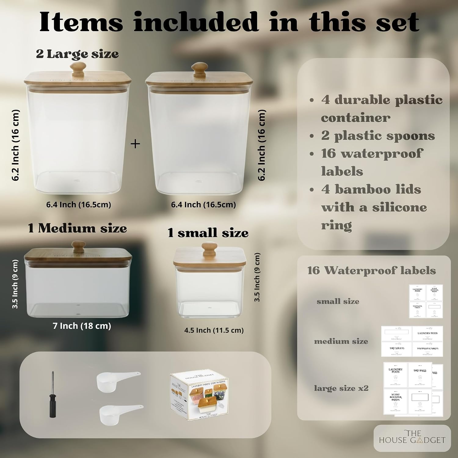 Laundry Pods Storage Container, Clear Laundry Room Organization and Storage,Detergent Powder Container,with Wooden Lids & Labels, 4 Pack
