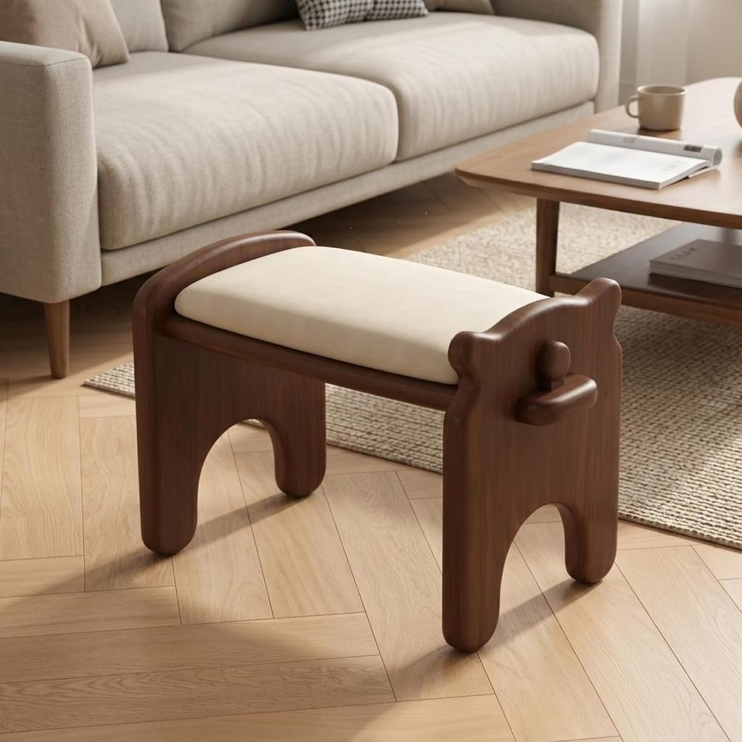 Composite Footstool Dog Shaped Stool Ottoman Bench Seat Low Stool Footrest with Sturdy Rubberwood Base Padded and Rounded Edges Suitable for Apartments dorms Small, Walnut