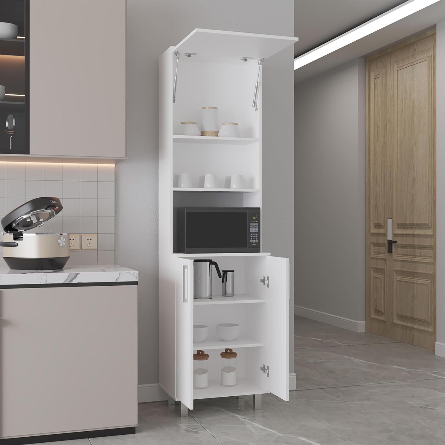 21.7" D*15.4" D*80.3" H Corner Freestanding Kitchen Pantry with 4 Shelves, Top Single Door & Lower Double Door, Rectangular Storage Cabinet, Modern, for Living Room, Dining Room, White