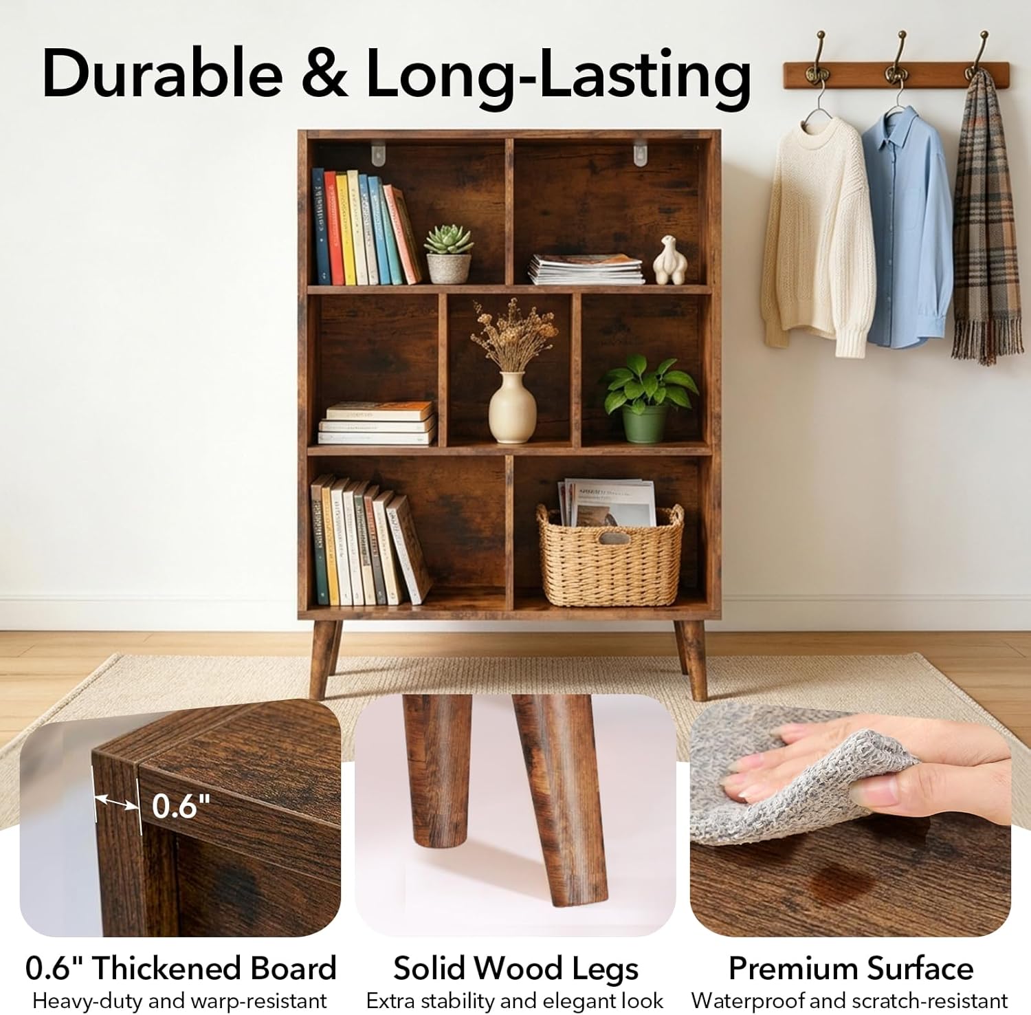 DUMOS Bookshelf, 7 Cube Storage Organizer with Legs, 3-Tier Modern Wooden Bookcase, Open Standing Display Shelf for Living Room, Bedroom, Office, Rustic Brown
