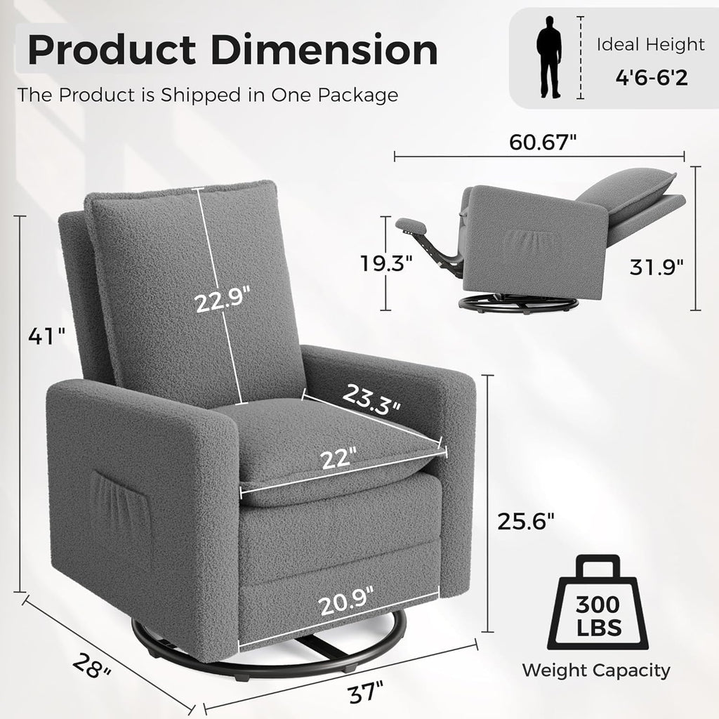 Amopatio Swivel Glider Recliner for Indoor Nursery Rocker Chair Upholstered Single Sofa with Side Pockets and Footrest for Living Room Bedroom(Gray)