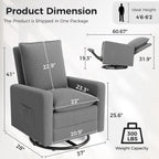 Amopatio Swivel Glider Recliner for Indoor Nursery Rocker Chair Upholstered Single Sofa with Side Pockets and Footrest for Living Room Bedroom(Gray)