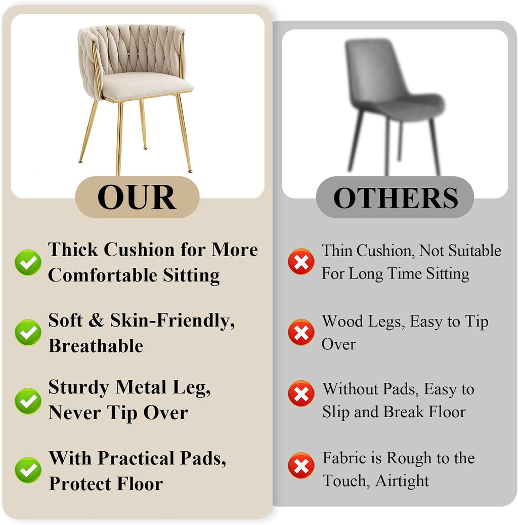 NIOIIKIT Modern Velvet Dining Chairs Hand Weaving Accent Chairs Living Room Chairs Upholstered Side Chair with Golden Metal Legs for Dining Room Kitchen Vanity Living Room (Ivory)