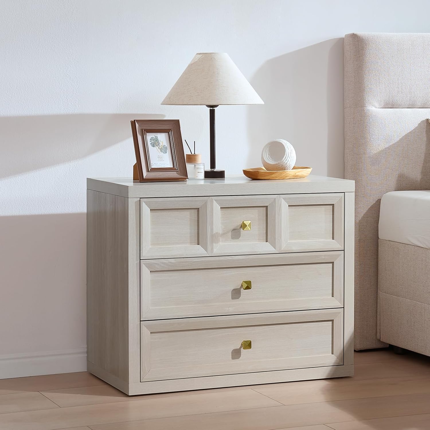 Night Stand Large W/Charging Station, 30.7" W Oversized Nightstands Tall Bedside Table with 3 Drawers, Accent End Table W/Large Storage, Modern Wood End Table for Bedroom, Office