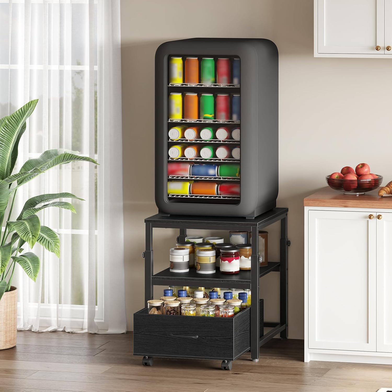 HOOBRO Mini Fridge Stand with Storage Basket, Height-Adjustable Mini Fridge Cabinet, Mini Fridge Stand with Wheels and Adjustable Feet, for Kitchen, Living Room, Black BB455BX01