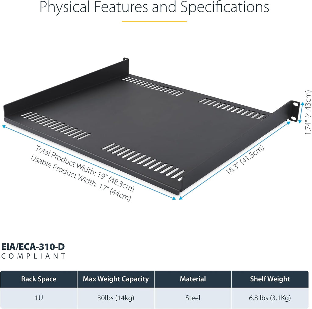 StarTech.com 1U Vented Server Rack Shelf, 16in (40cm) Mounting Depth, Cantilever Tray, Heavy-Duty Steel, 30lb/14kg Capacity