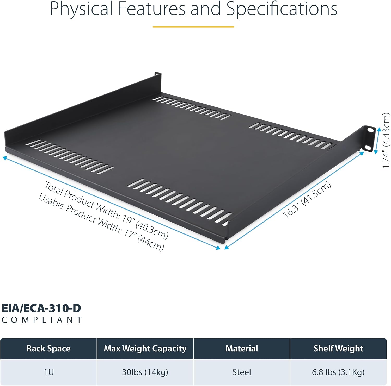 StarTech.com 1U Vented Server Rack Shelf, 16in (40cm) Mounting Depth, Cantilever Tray, Heavy-Duty Steel, 30lb/14kg Capacity