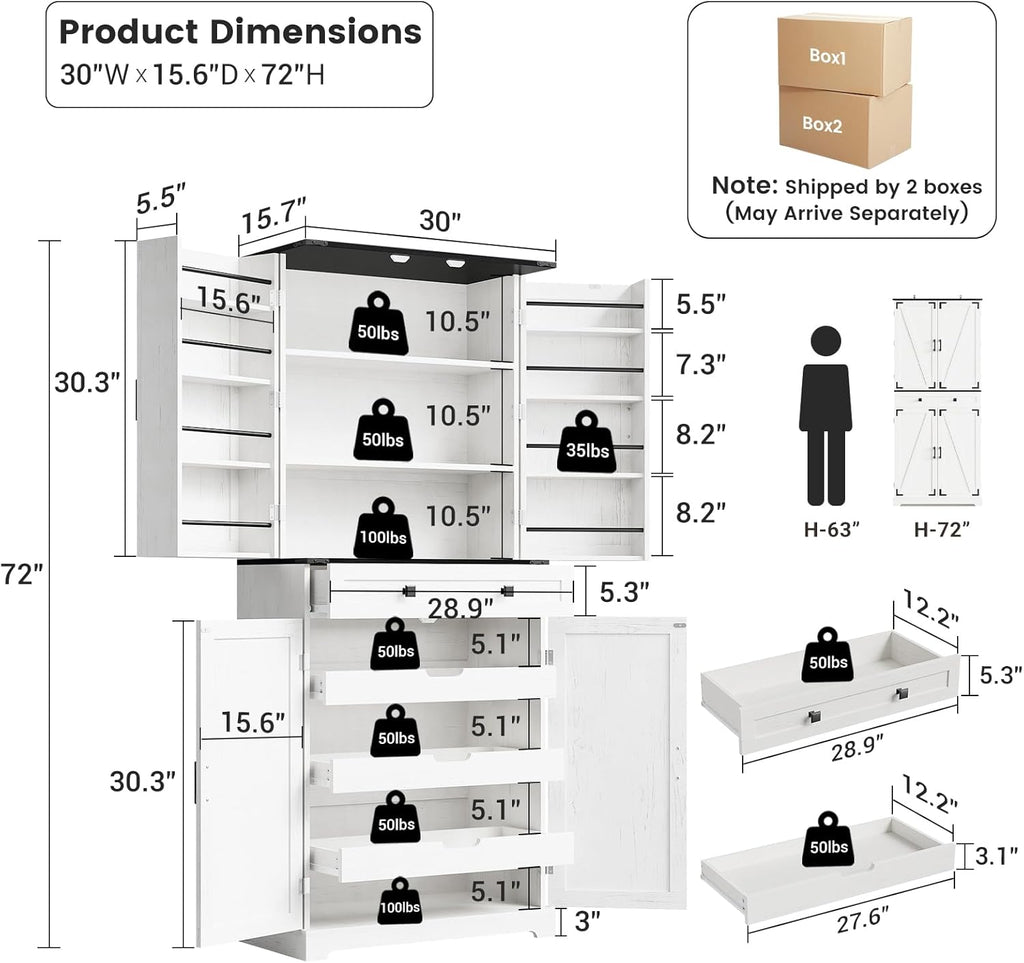 72" Kitchen Pantry Cabinet, Pantry Storage Cabinet with 8 Door Shelves and 3 Pull Out Shelves, Tall Pantry Cabinet with Adjustable Shelf and Large Drawer, Farmhouse Food Kitchen Hutch, For Dining Room