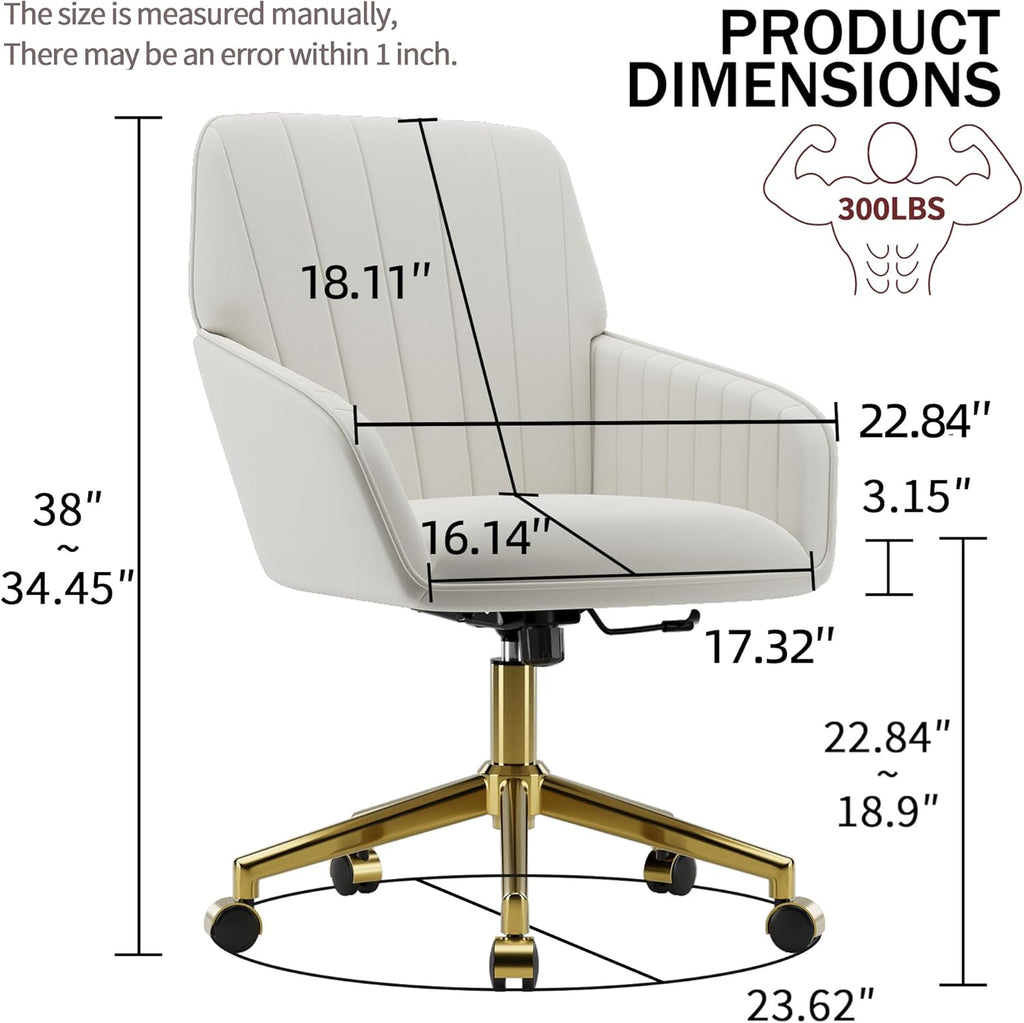 YISHENG Velvet Home Office Chair with Gold Base Upholstered Tufted Modern Height Adjustable 360 Degree Swivel Desk Chair with Wheels, Vanity Chairs for Living Room, Bedroom,Study Room (Cream)