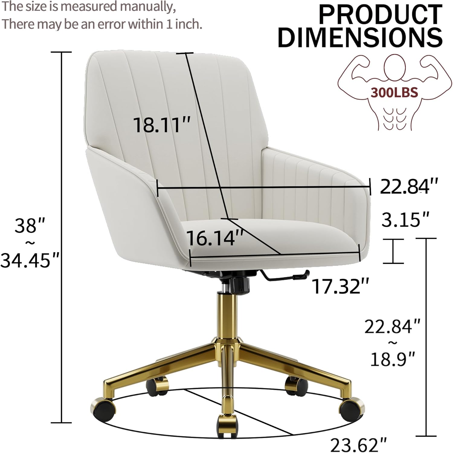 YISHENG Velvet Home Office Chair with Gold Base Upholstered Tufted Modern Height Adjustable 360 Degree Swivel Desk Chair with Wheels, Vanity Chairs for Living Room, Bedroom,Study Room (Cream)