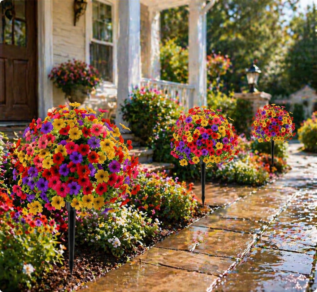 Outdoor Artificial Flowers Fake Plants, Artificial Topiary Balls with Ground Spikes, UV Resistant, Mix 4 Colors, 2 Pack, 20 inch, Garden Porch Patio Gravesite Indoor Decor