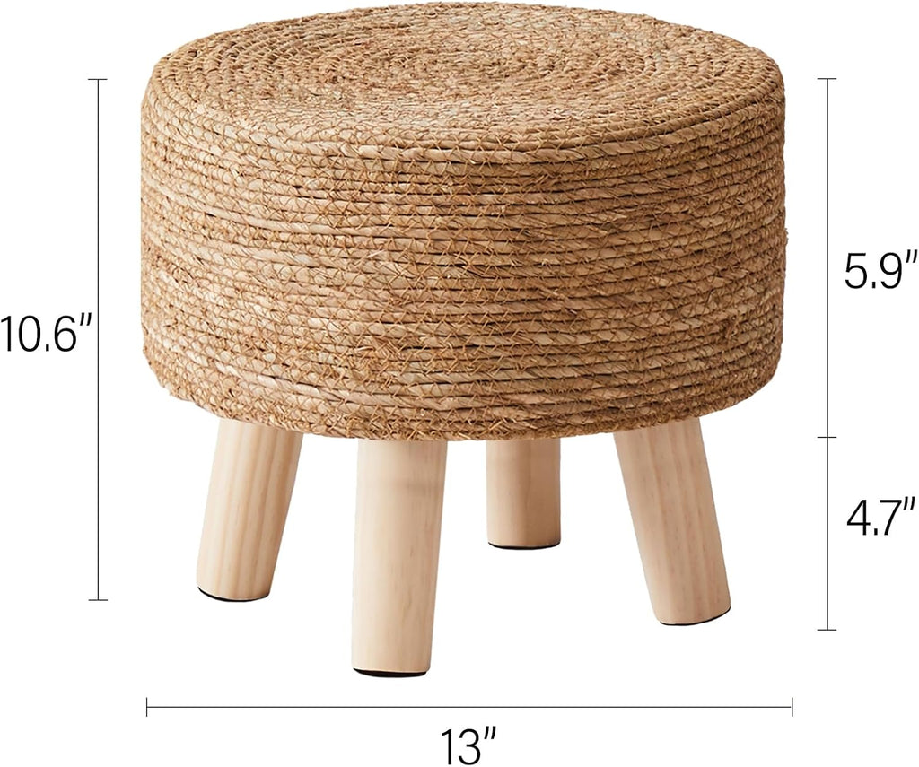 Cpintltr Foot Stool Natural Seagrass Hand Weave Poufs Round Ottoman for Couch Desk Soft Step Stool Padded Foot Rest with Non-Skid Pine Legs for Hallway Office Lounge Natural