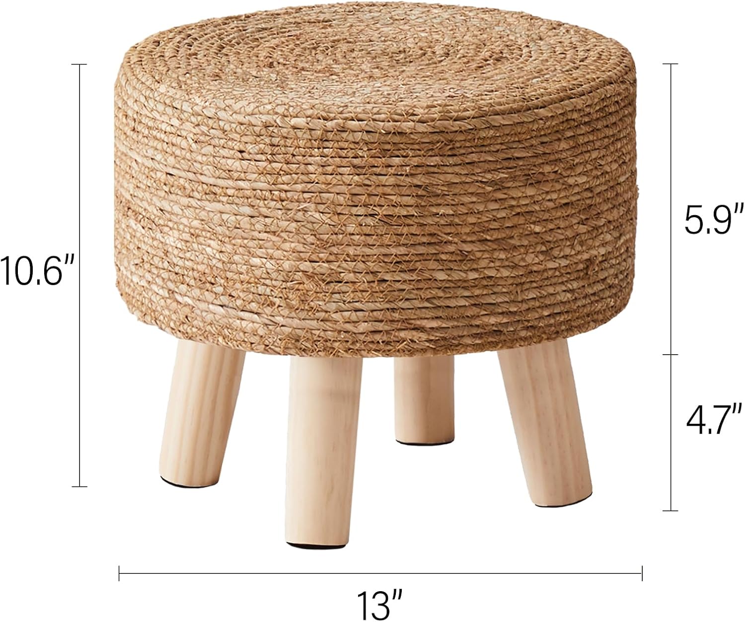 Cpintltr Foot Stool Natural Seagrass Hand Weave Poufs Round Ottoman for Couch Desk Soft Step Stool Padded Foot Rest with Non-Skid Pine Legs for Hallway Office Lounge Natural