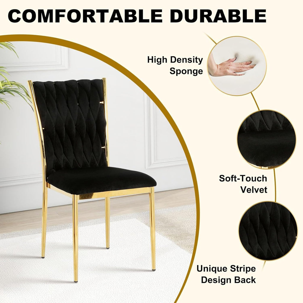 51'' Glass Dining Table Set for 4, Modern Rectangular Dining Room Table with Gold Metal Legs & 4 Upholstered Velvet Dining Chairs, Space-Saving Kitchen Table Set for Small Spaces, Apartment(Black)