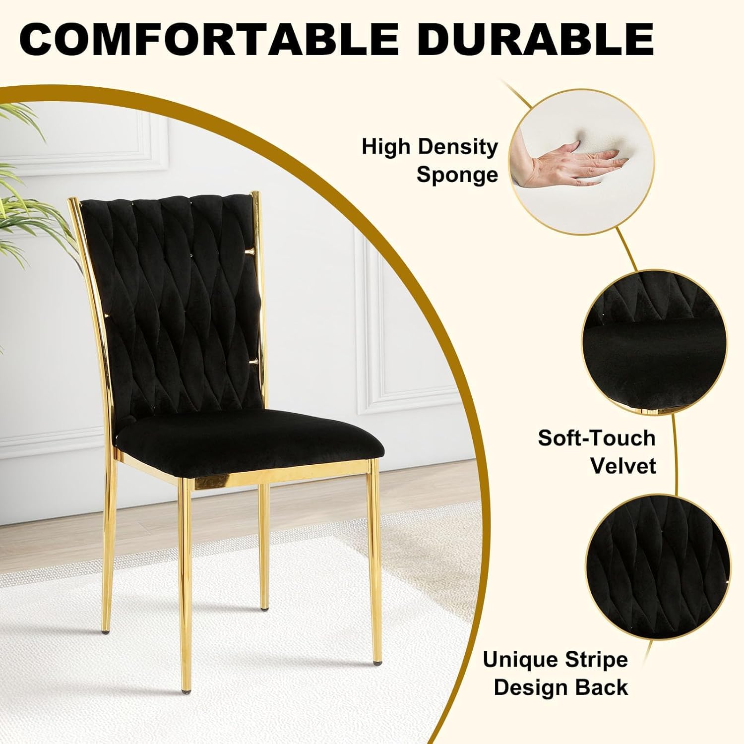 51'' Glass Dining Table Set for 4, Modern Rectangular Dining Room Table with Gold Metal Legs & 4 Upholstered Velvet Dining Chairs, Space-Saving Kitchen Table Set for Small Spaces, Apartment(Black)